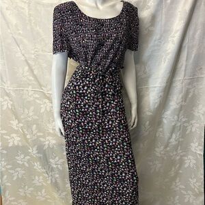 Maggy London Black Casual Sheath Maxi Dress with Short Sleeves and Scoop Neck